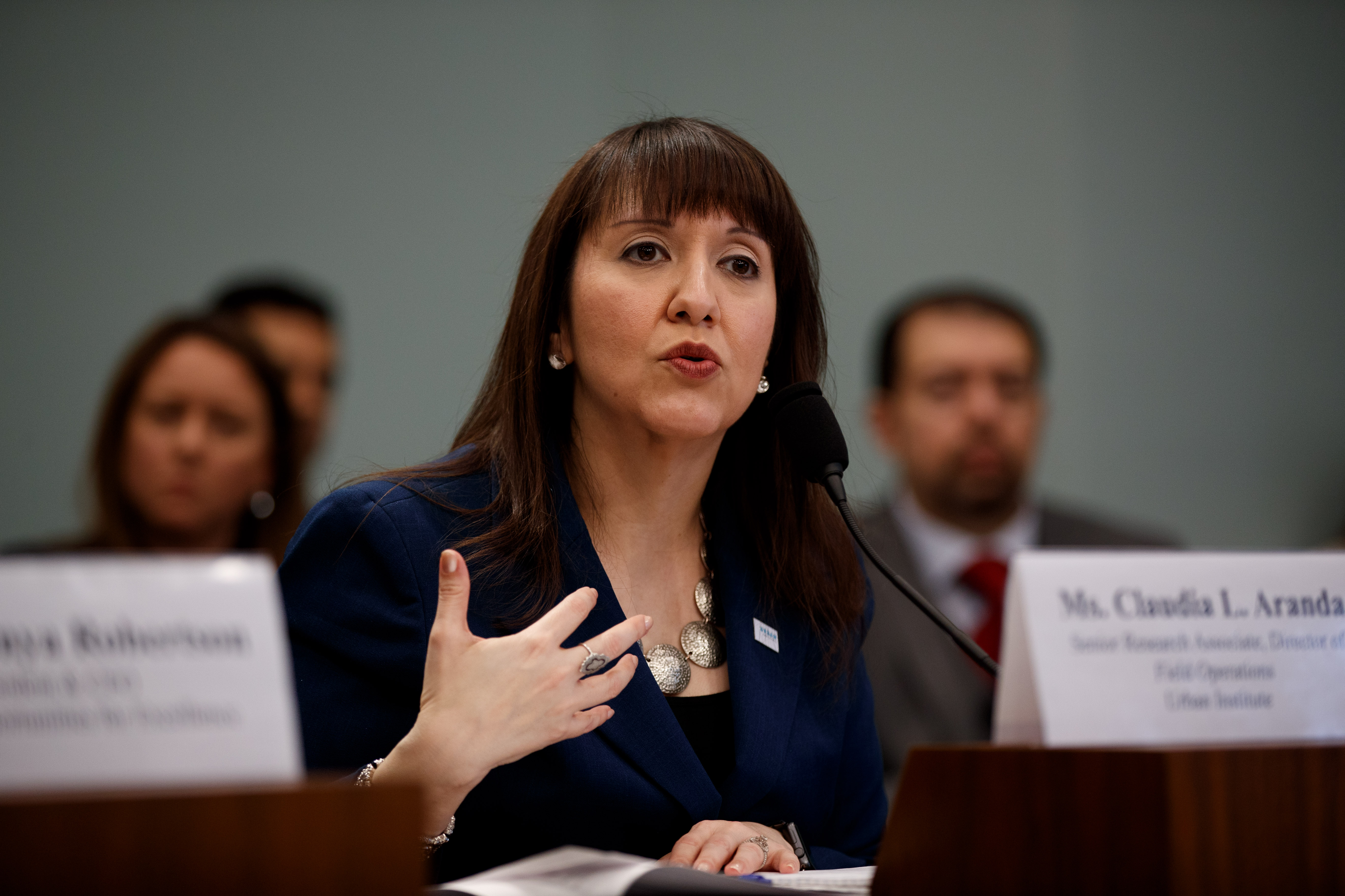 Claudia L. Aranda, Senior Research Associate, Director of Field Operations at the Urban Institute testifies before the House Committee of Appropriations during the Stakeholder Perspectives: Fair Housing hearing on Capitol Hill in Washington, on Feb. 27,