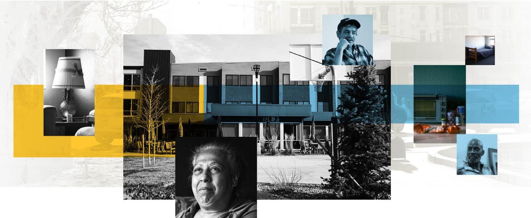collage of community housing and individual photos of residents