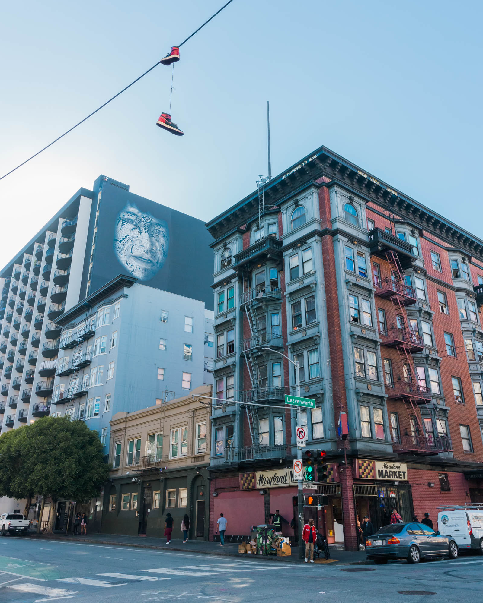 The intersection of Leavenworth and Turk streets in the Tenderloin neighborhood. Since the early 1990s, most site-based permanent supportive housing buildings in San Francisco were built in the Tenderloin.