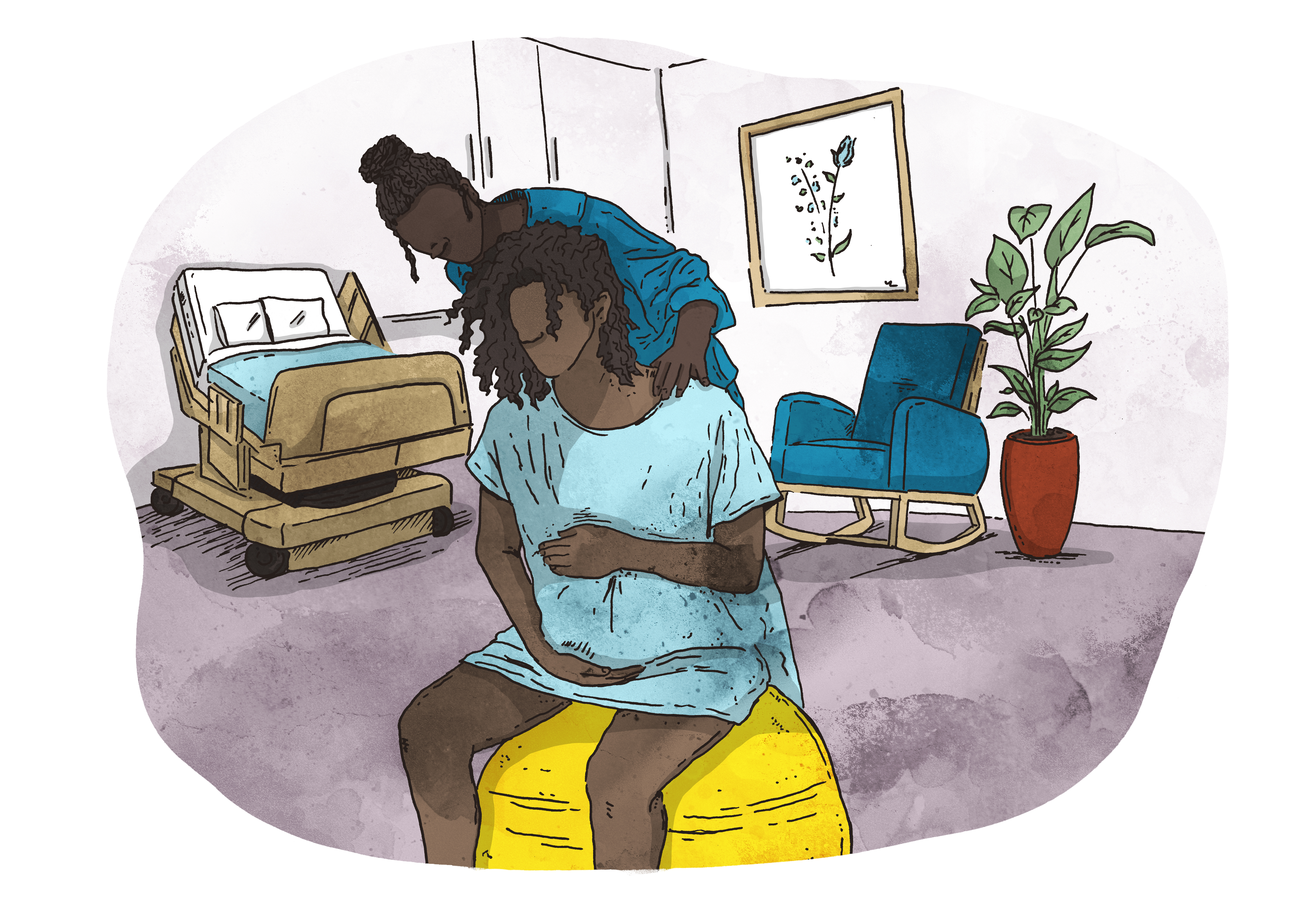 In a birthing suite, a Black midwife supports a Black pregnant woman sitting on an exercise ball.