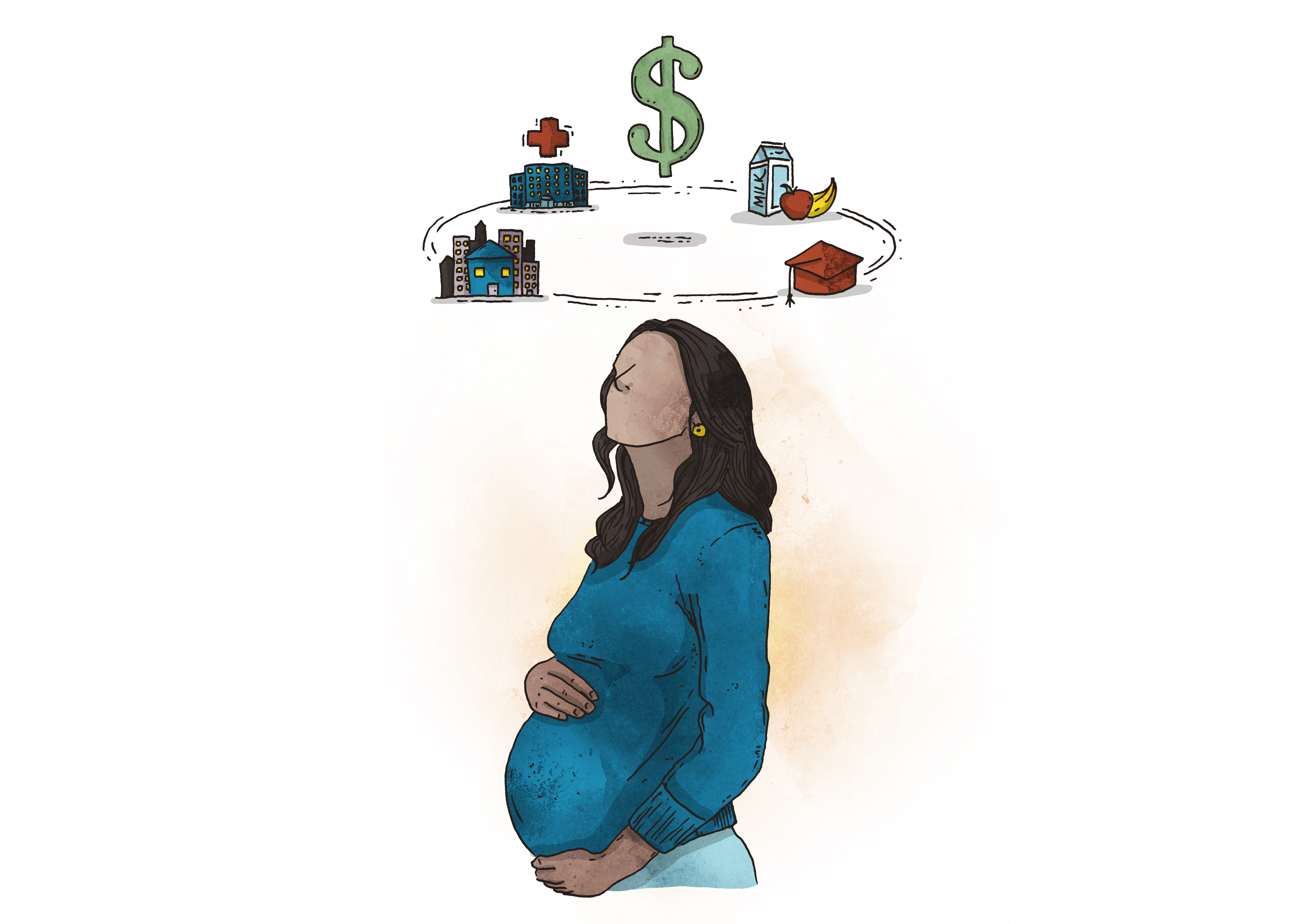 Holding her belly, a multiracial pregnant woman looks up at a halo of icons representing income, housing, health, and education.