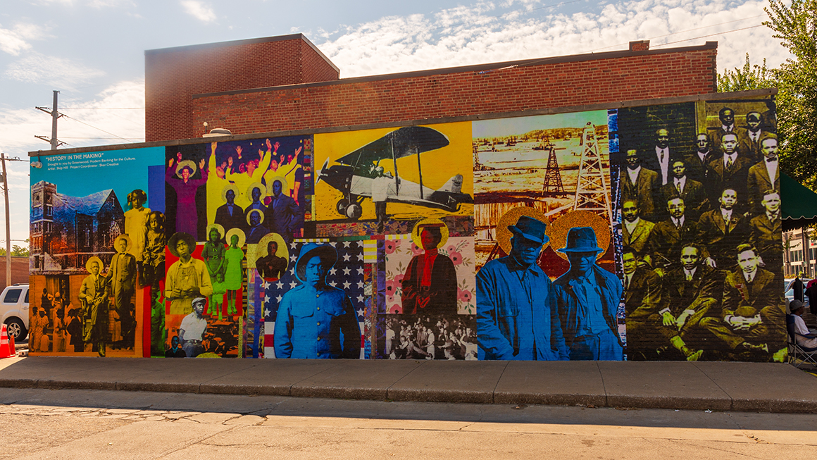 photo of mural in Historic Black Wall Street - Greenwood Section of Tulsa, Oklahoma