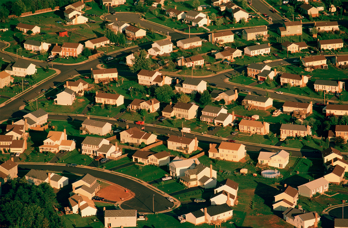 Aerial view of single family homes.
