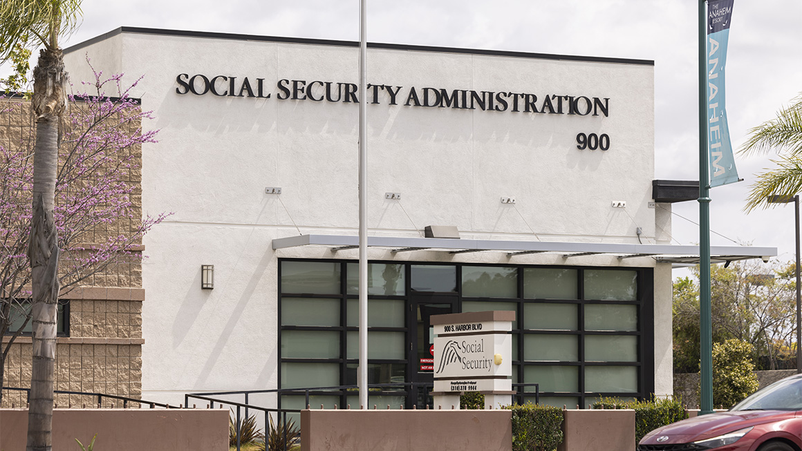 Photo of the facade of a Social Security Administration Field Office in Anaheim, California in early spring.