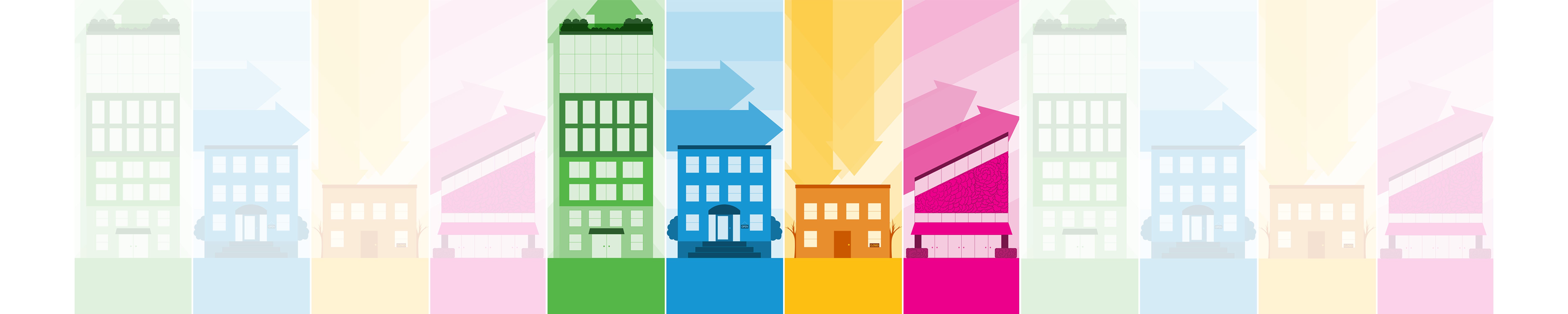 An illustration depicting the different paths a small business can follow after receiving a loan. It shows a tall, prosperous business in green; a midsized, stable business in blue; a struggling business in yellow; and a small, growing business in pink.