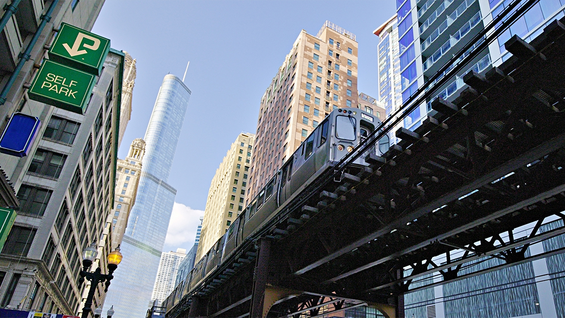 Photo of an elevated train in Chicago. 
