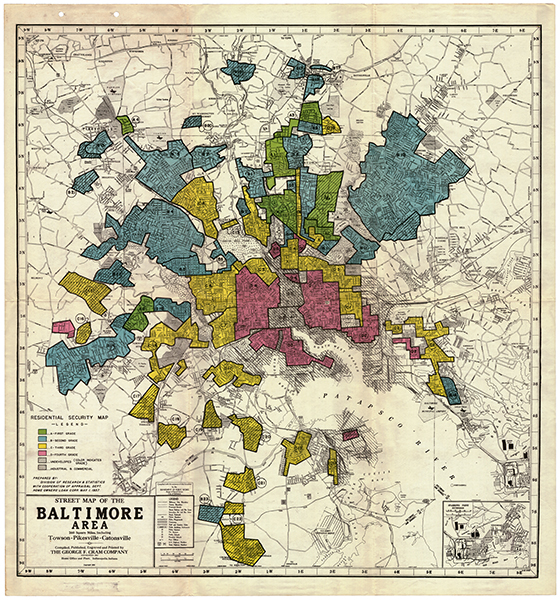 A Home Owners Loan Corporation map from 1937 shows how areas in Baltimore were graded on their lending “riskiness,” with the redlined areas concentrated downtown.