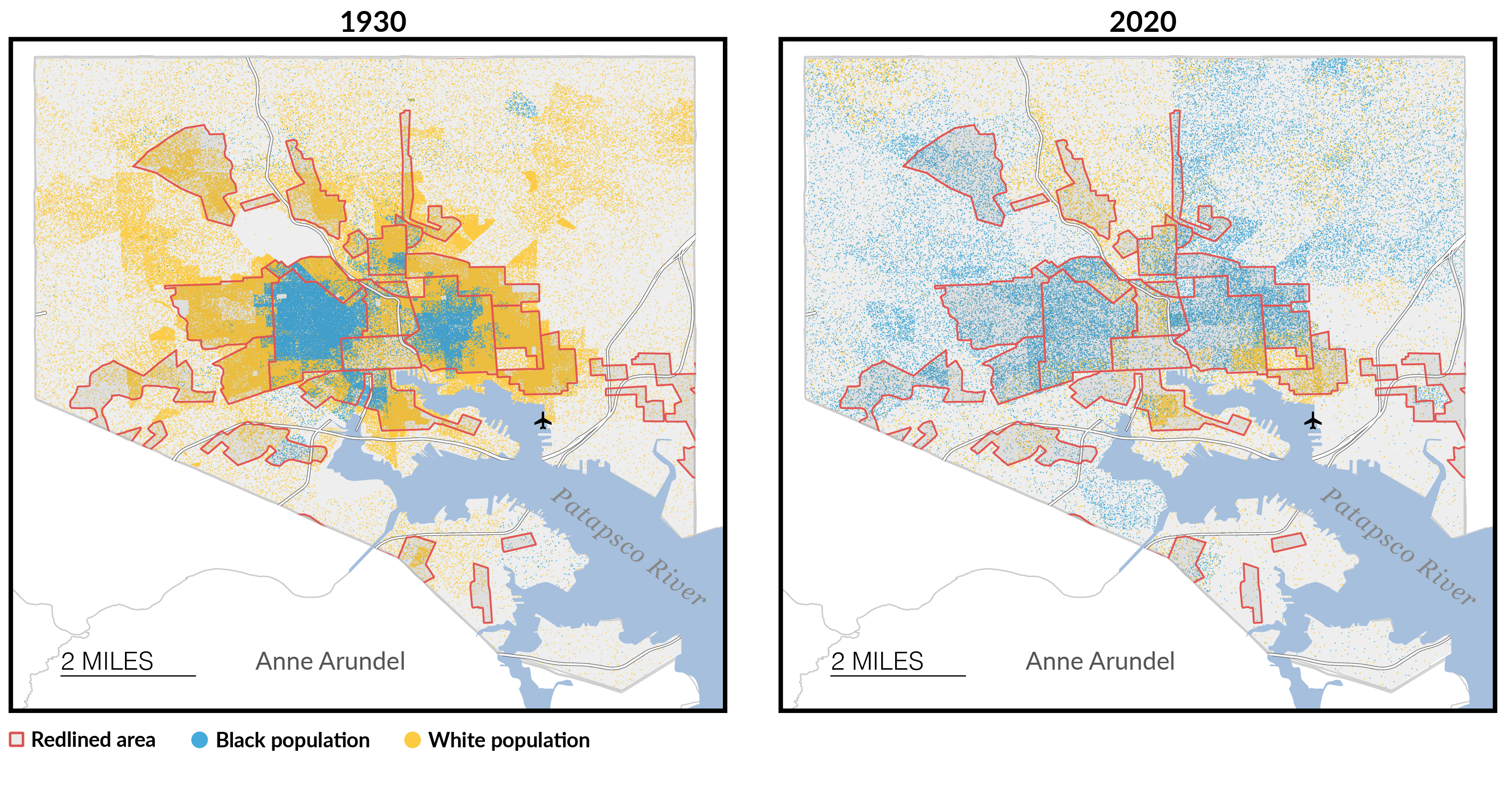 The locations of formerly redlined areas are from the Home Owners Loan Corporation maps