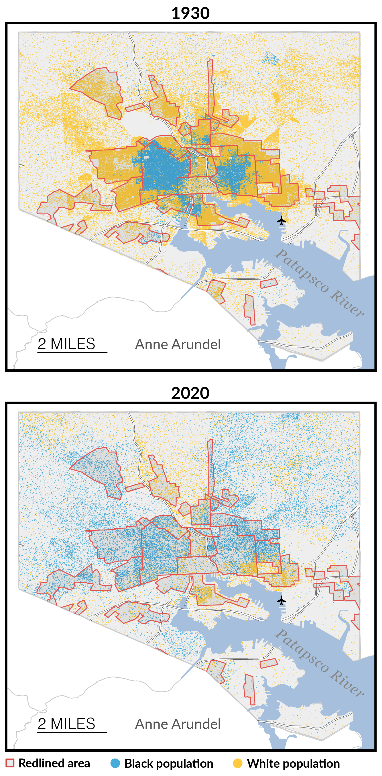 The locations of formerly redlined areas are from the Home Owners Loan Corporation maps