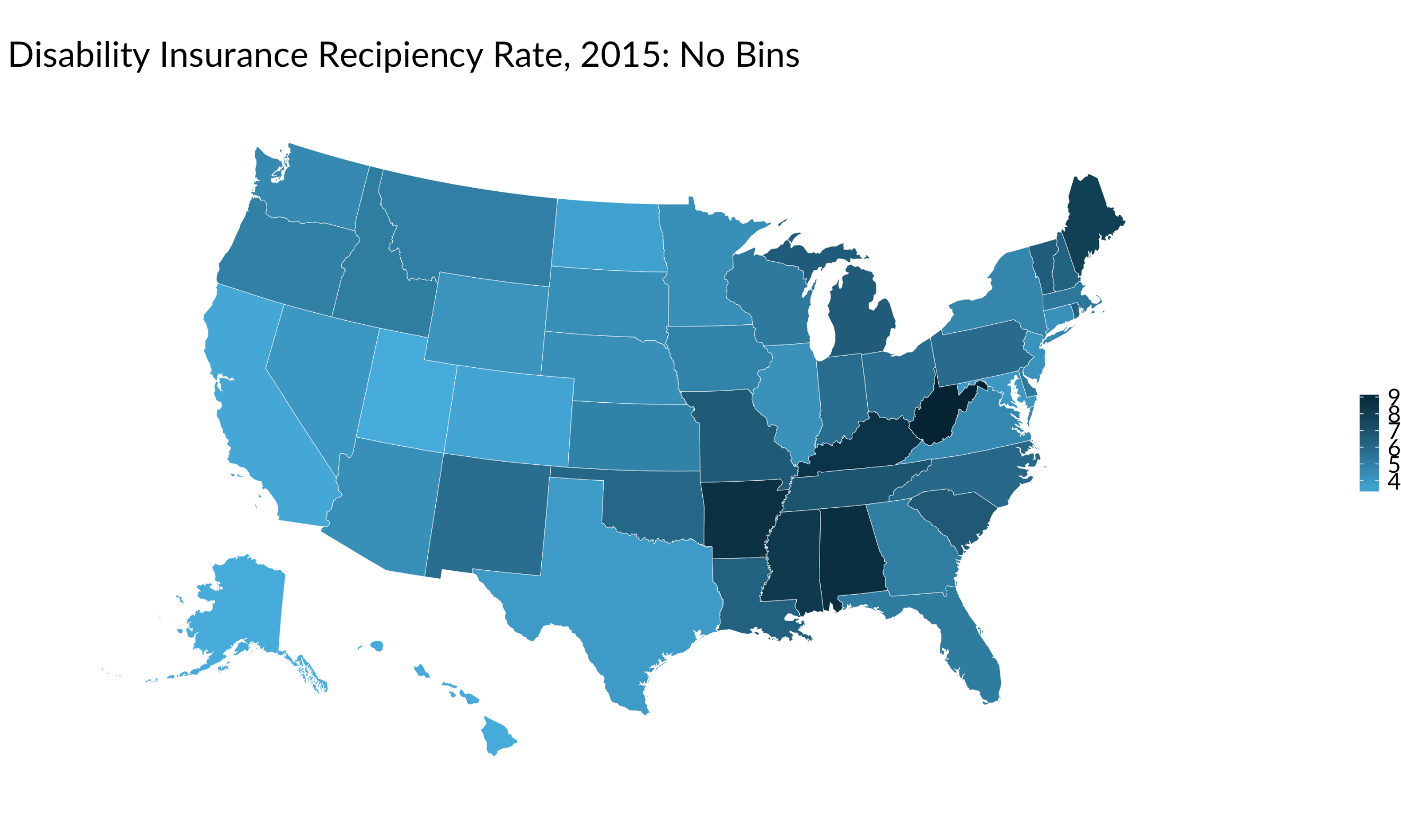 No bins map of disability insurance recipient rate, 2015 