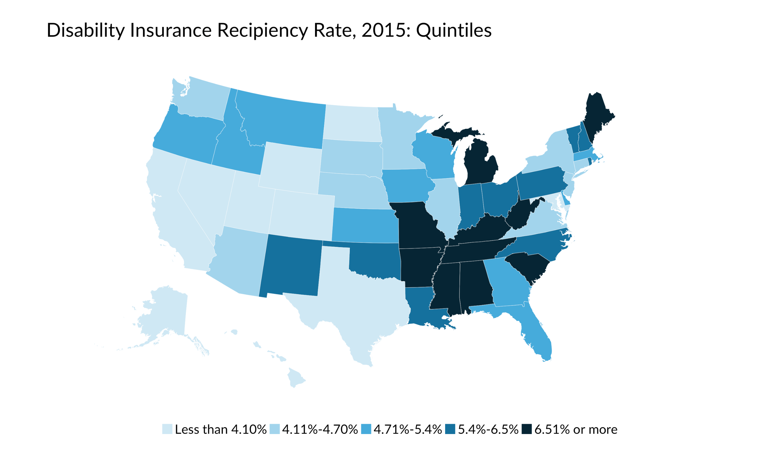 quintiles map of disability insurance recipient rate, 2015