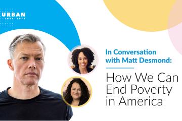graphic with the face of author Matt Desmond and moderator Myra Taylor-Jones and Mary Cunningham