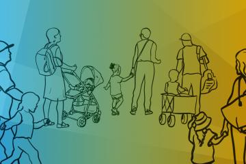 custom graphic student parents walking, backpacks, strollers