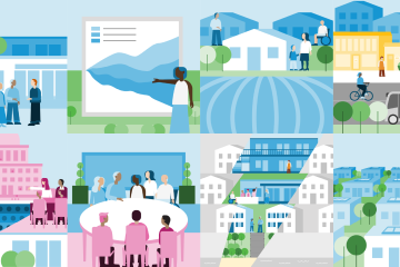 group of illustrations showing people in a community with trees, and working together