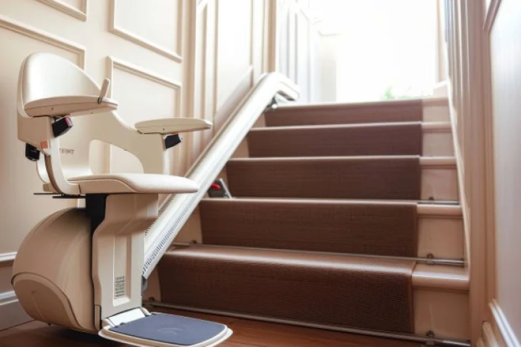 A stairlift at the bottom of a small staircase 
