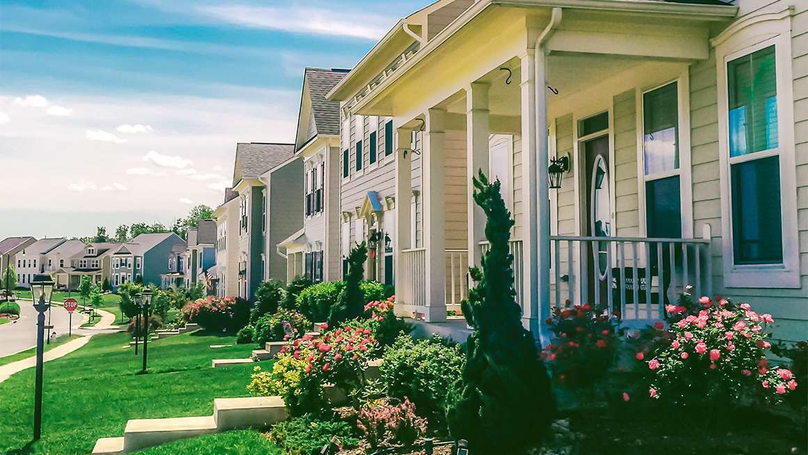 A quiet suburban street with modern two‑story houses, each with front porches, trimmed lawns, and colorful landscaped gardens. 