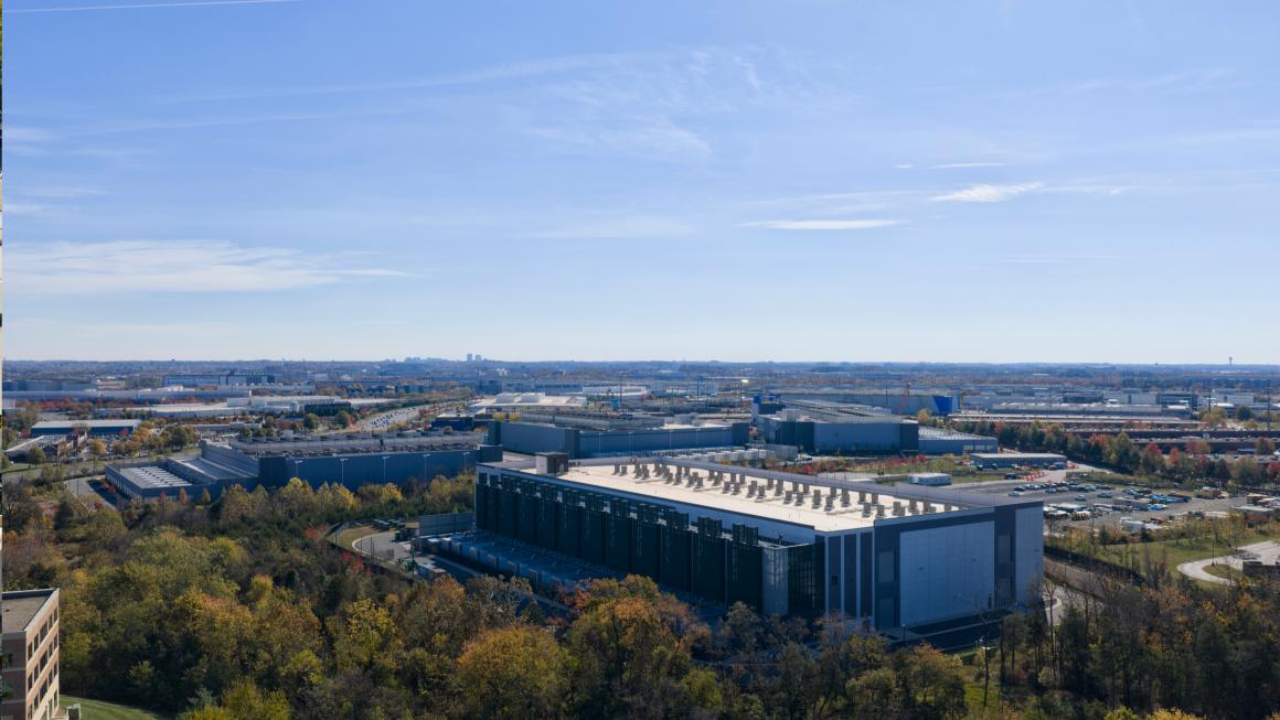 A photo of several data centers in Ashburn, Virginia, on an autumn day. 