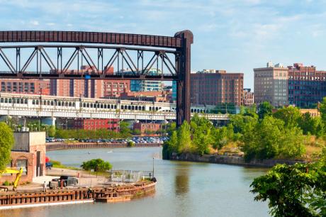 Cleveland, Ohio, USA skyline on the Cuyahoga River