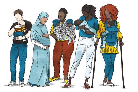 Five mothers—diverse in their races and ethnicities, body types, and gender presentation—stand together holding their babies. 