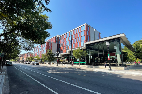 Photo of the Taylor Street Library in Chicago, which sits on the ground floor of a seven-story combined library-apartment building.