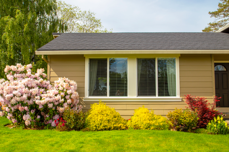 image of a house with bushes and flowers in front of it.