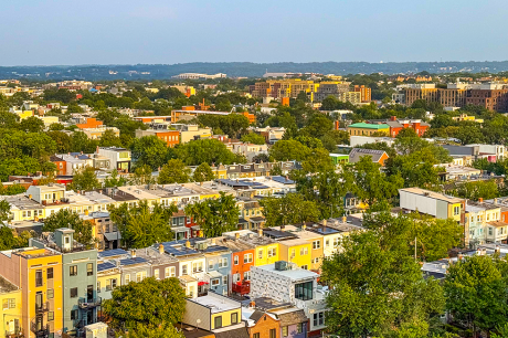 An image of the DC skyline with row houses and trees