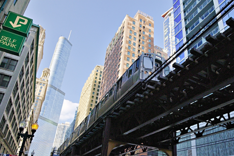 Photo of an elevated train in Chicago. 
