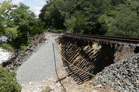 A section of railroad track where the supporting embankment has washed away, leaving the rails and wooden ties suspended above an eroded slope.
