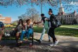 Students socialize between classes on the Yard.